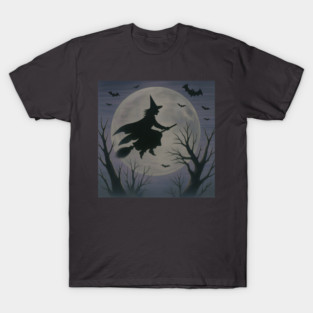 Halloween Witch Flying Across the Moon – Spooky Night Bats Silhouette Design T-Shirt