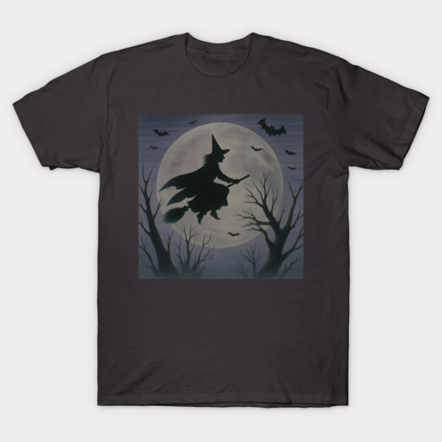 Halloween Witch Flying Across the Moon – Spooky Night Bats Silhouette Design T-Shirt by DonWillisJrArt