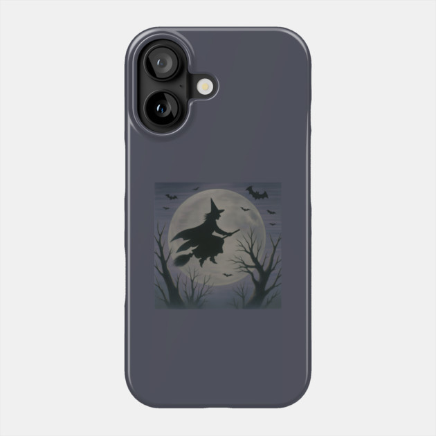 Halloween Witch Flying Across the Moon – Spooky Night Bats Silhouette Design Phone Case by DonWillisJrArt