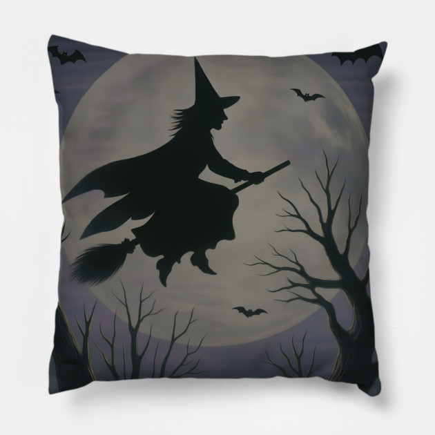 Halloween Witch Flying Across the Moon – Spooky Night Bats Silhouette Design Pillow by DonWillisJrArt
