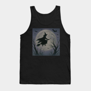 Halloween Witch Flying Across the Moon – Spooky Night Bats Silhouette Design Tank Top