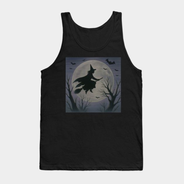 Halloween Witch Flying Across the Moon – Spooky Night Bats Silhouette Design Tank Top by DonWillisJrArt