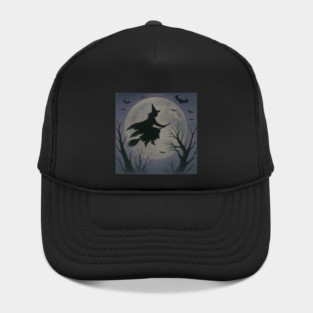 Halloween Witch Flying Across the Moon – Spooky Night Bats Silhouette Design Hat