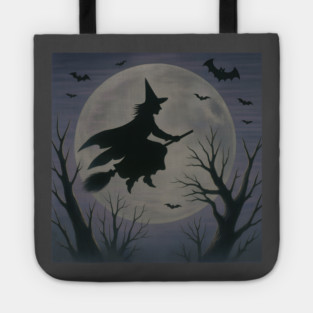 Halloween Witch Flying Across the Moon – Spooky Night Bats Silhouette Design Tote