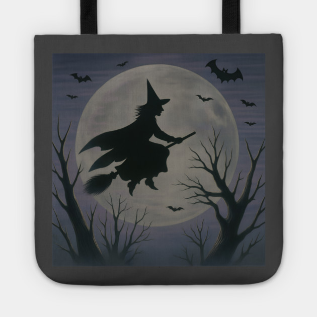 Halloween Witch Flying Across the Moon – Spooky Night Bats Silhouette Design Tote by DonWillisJrArt