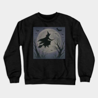 Halloween Witch Flying Across the Moon – Spooky Night Bats Silhouette Design Crewneck Sweatshirt