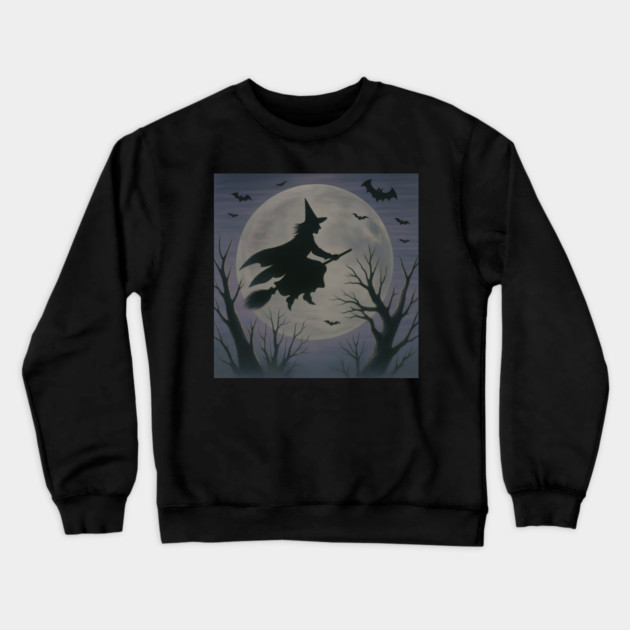 Halloween Witch Flying Across the Moon – Spooky Night Bats Silhouette Design Crewneck Sweatshirt by DonWillisJrArt