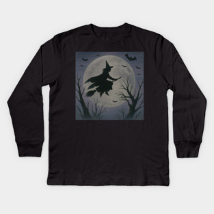 Halloween Witch Flying Across the Moon – Spooky Night Bats Silhouette Design Kids Long Sleeve T-Shirt