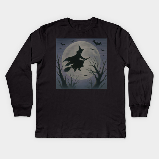 Halloween Witch Flying Across the Moon – Spooky Night Bats Silhouette Design Kids Long Sleeve T-Shirt by DonWillisJrArt