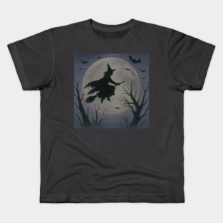 Halloween Witch Flying Across the Moon – Spooky Night Bats Silhouette Design Kids T-Shirt