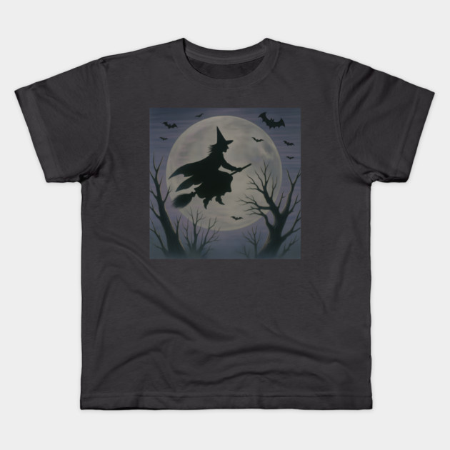 Halloween Witch Flying Across the Moon – Spooky Night Bats Silhouette Design Kids T-Shirt by DonWillisJrArt