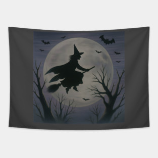 Halloween Witch Flying Across the Moon – Spooky Night Bats Silhouette Design Tapestry
