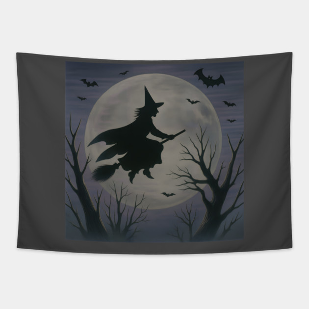 Halloween Witch Flying Across the Moon – Spooky Night Bats Silhouette Design Tapestry by DonWillisJrArt