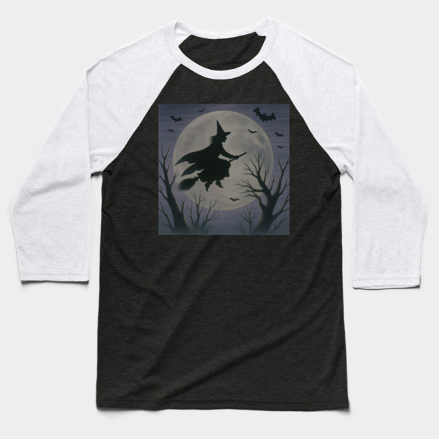 Halloween Witch Flying Across the Moon – Spooky Night Bats Silhouette Design Baseball T-Shirt by DonWillisJrArt