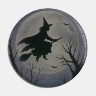 Halloween Witch Flying Across the Moon – Spooky Night Bats Silhouette Design Pin