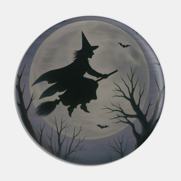 Halloween Witch Flying Across the Moon – Spooky Night Bats Silhouette Design Pin by DonWillisJrArt