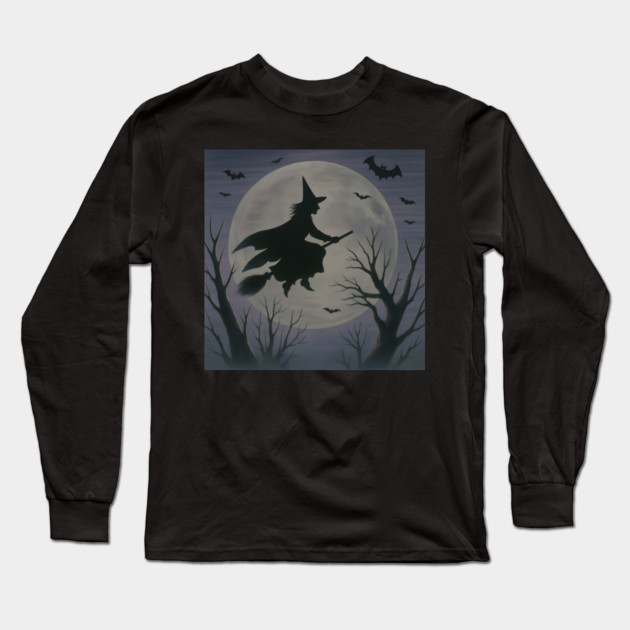 Halloween Witch Flying Across the Moon – Spooky Night Bats Silhouette Design Long Sleeve T-Shirt by DonWillisJrArt