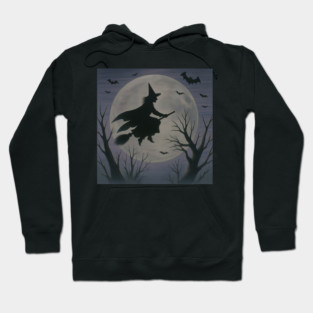 Halloween Witch Flying Across the Moon – Spooky Night Bats Silhouette Design Hoodie