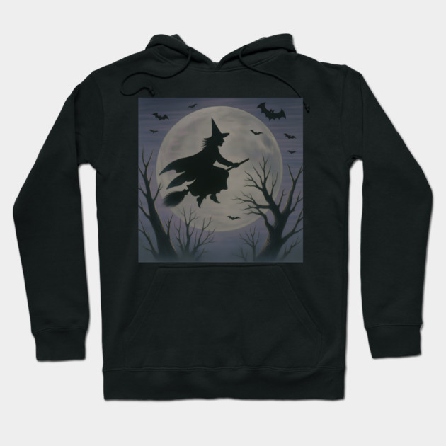 Halloween Witch Flying Across the Moon – Spooky Night Bats Silhouette Design Hoodie by DonWillisJrArt