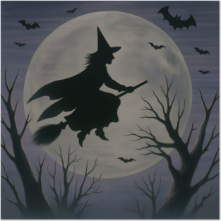 Halloween Witch Flying Across the Moon – Spooky Night Bats Silhouette Design Posters and Art