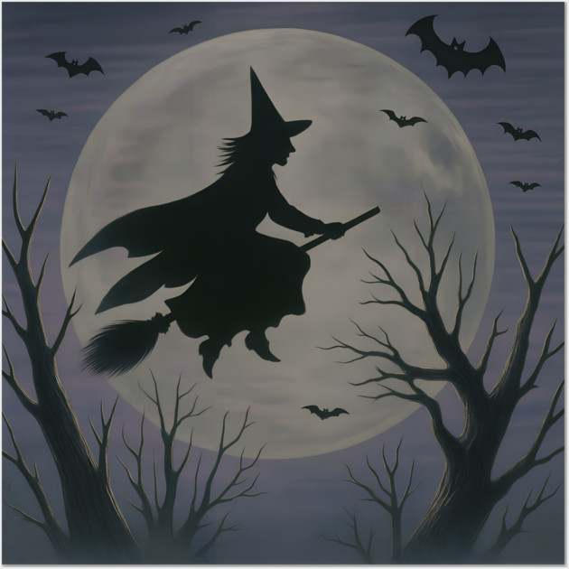 Halloween Witch Flying Across the Moon – Spooky Night Bats Silhouette Design Wall Art by DonWillisJrArt
