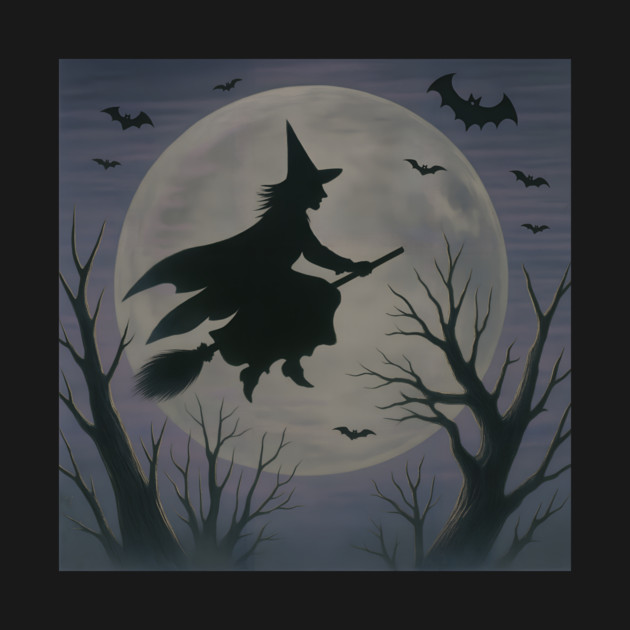 Halloween Witch Flying Across the Moon – Spooky Night Bats Silhouette Design by DonWillisJrArt