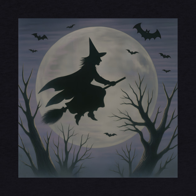 Halloween Witch Flying Across the Moon – Spooky Night Bats Silhouette Design by DonWillisJrArt