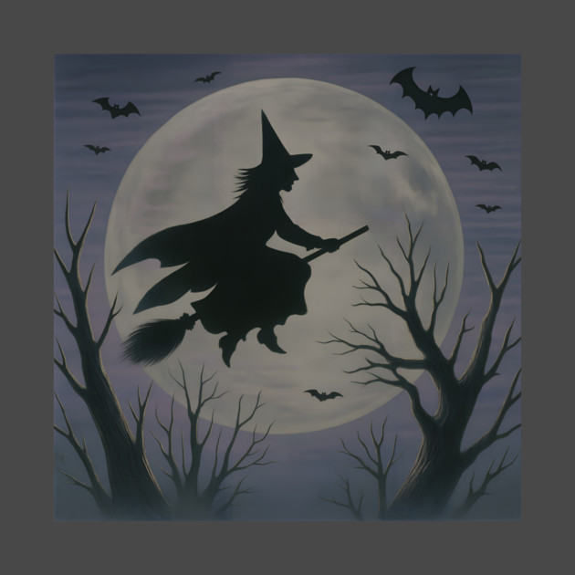 Halloween Witch Flying Across the Moon – Spooky Night Bats Silhouette Design by DonWillisJrArt