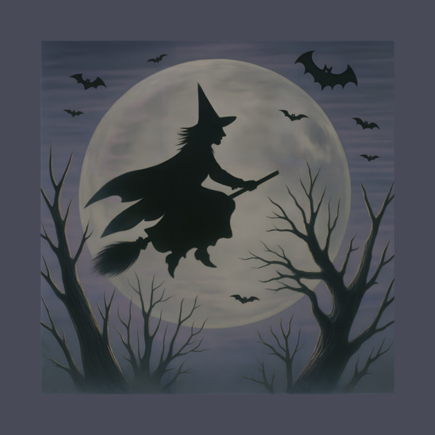 Halloween Witch Flying Across the Moon – Spooky Night Bats Silhouette Design by DonWillisJrArt