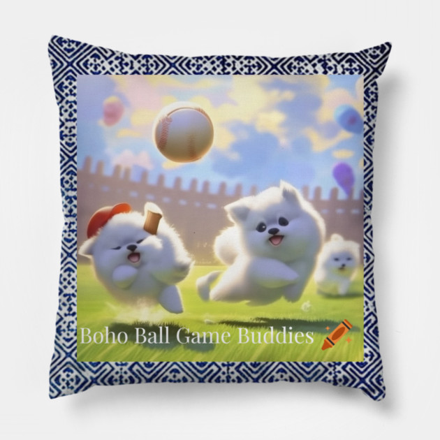 Boho Ball Game Buddies – Dogs Playing Baseball with Hmong Tribal Pattern Pillow by Pimcolle