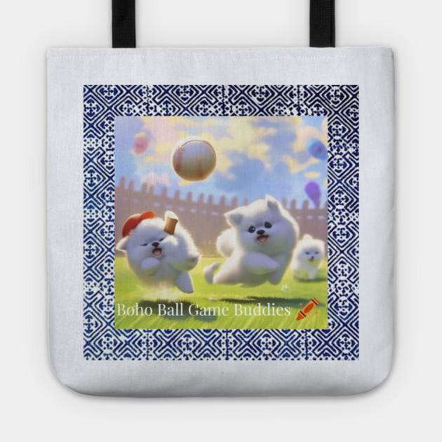 Boho Ball Game Buddies – Dogs Playing Baseball with Hmong Tribal Pattern Tote by Pimcolle