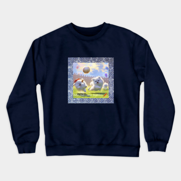 Boho Ball Game Buddies – Dogs Playing Baseball with Hmong Tribal Pattern Crewneck Sweatshirt by Pimcolle