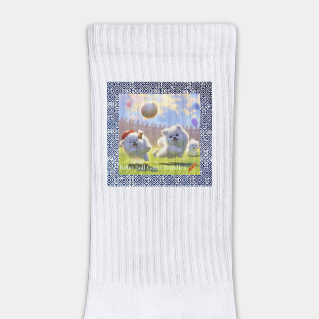 Boho Ball Game Buddies – Dogs Playing Baseball with Hmong Tribal Pattern by Pimcolle