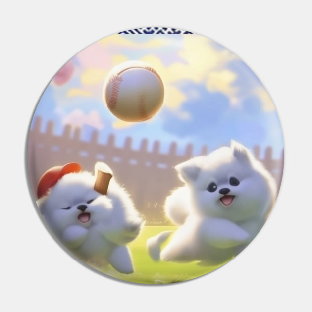 Boho Ball Game Buddies – Dogs Playing Baseball with Hmong Tribal Pattern Pin by Pimcolle