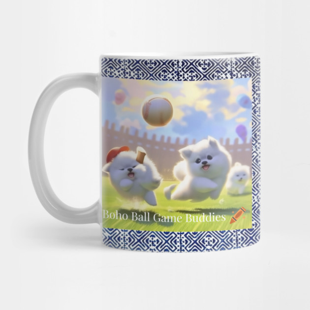 Boho Ball Game Buddies – Dogs Playing Baseball with Hmong Tribal Pattern by Pimcolle