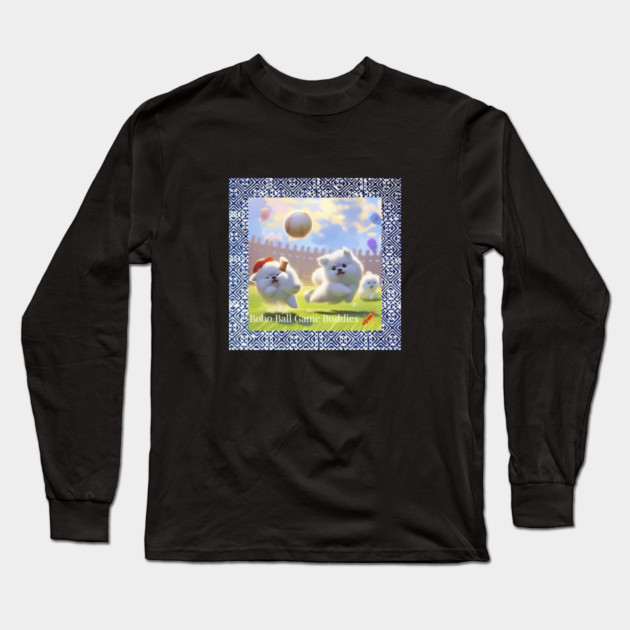 Boho Ball Game Buddies – Dogs Playing Baseball with Hmong Tribal Pattern Long Sleeve T-Shirt by Pimcolle