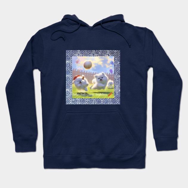 Boho Ball Game Buddies – Dogs Playing Baseball with Hmong Tribal Pattern Hoodie by Pimcolle