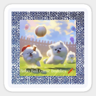 Boho Ball Game Buddies – Dogs Playing Baseball with Hmong Tribal Pattern Sticker
