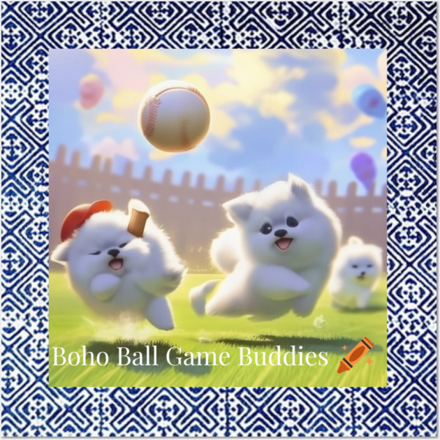 Boho Ball Game Buddies – Dogs Playing Baseball with Hmong Tribal Pattern Wall Art by Pimcolle