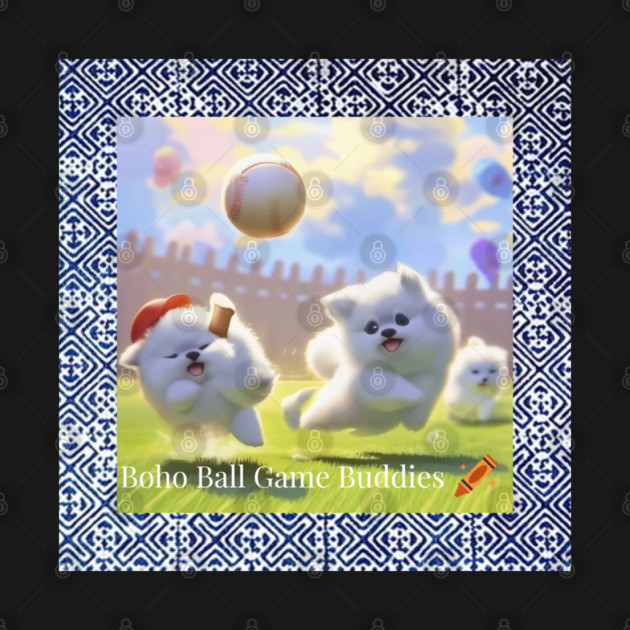 Boho Ball Game Buddies – Dogs Playing Baseball with Hmong Tribal Pattern by Pimcolle