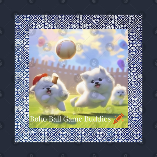 Boho Ball Game Buddies – Dogs Playing Baseball with Hmong Tribal Pattern by Pimcolle