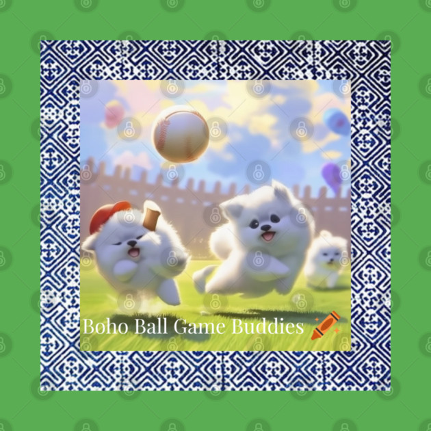 Boho Ball Game Buddies – Dogs Playing Baseball with Hmong Tribal Pattern by Pimcolle