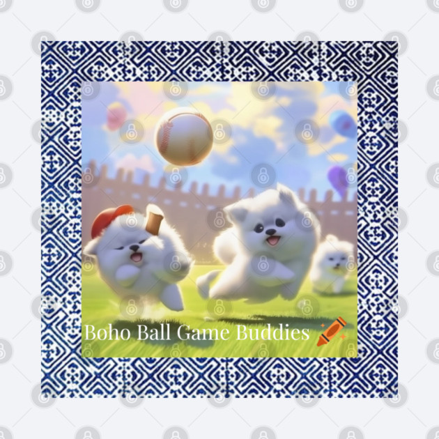Boho Ball Game Buddies – Dogs Playing Baseball with Hmong Tribal Pattern by Pimcolle