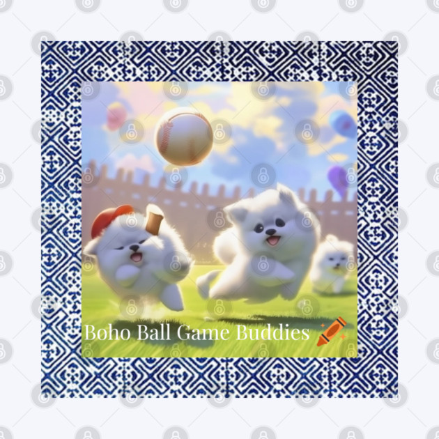 Boho Ball Game Buddies – Dogs Playing Baseball with Hmong Tribal Pattern by Pimcolle