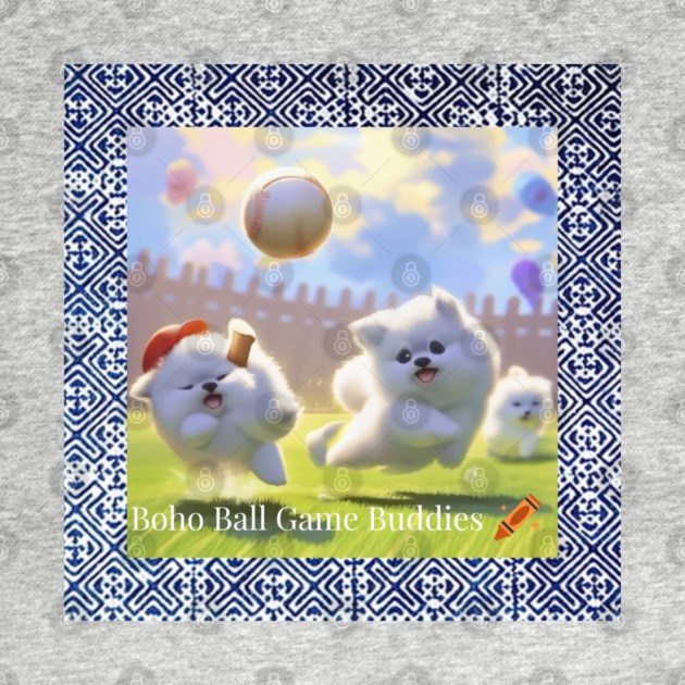 Boho Ball Game Buddies – Dogs Playing Baseball with Hmong Tribal Pattern by Pimcolle