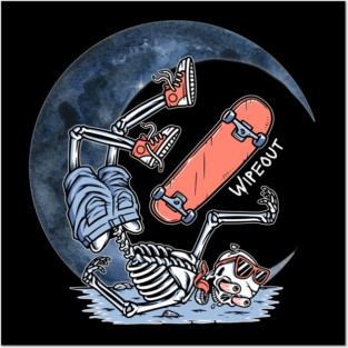 Funny Skeleton Skater Wipeout Moon Crash – Skateboard Fail Graphic Posters and Art