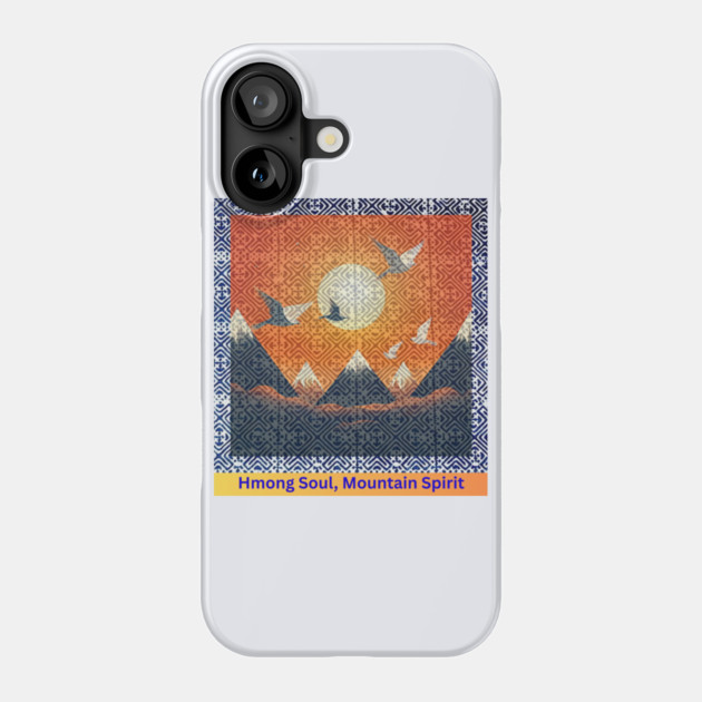 Hmong Soul, Mountain Spirit – Indigo Tribal Pattern with Sunset Sky and Mountains Phone Case by Pimcolle
