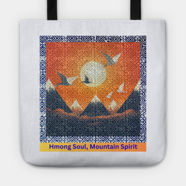 Hmong Soul, Mountain Spirit – Indigo Tribal Pattern with Sunset Sky and Mountains Tote by Pimcolle