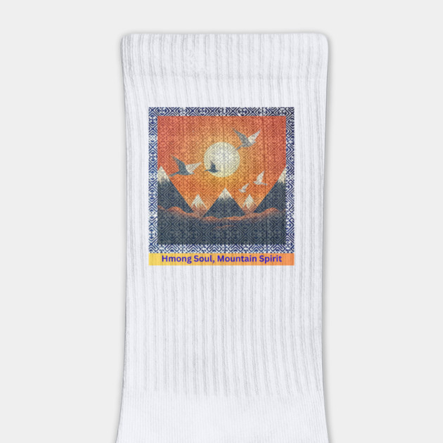 Hmong Soul, Mountain Spirit – Indigo Tribal Pattern with Sunset Sky and Mountains by Pimcolle