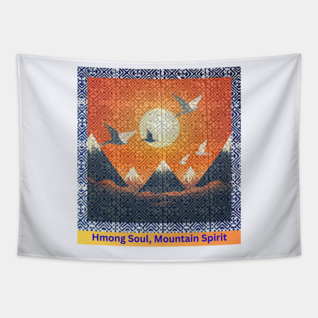 Hmong Soul, Mountain Spirit – Indigo Tribal Pattern with Sunset Sky and Mountains Tapestry by Pimcolle